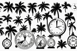 Palm trees, beach, sun, with clock, and abstract scatter plot tattoo idea