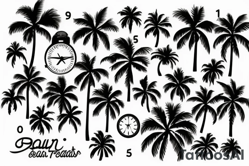 Palm trees, beach, sun, with clock tattoo idea