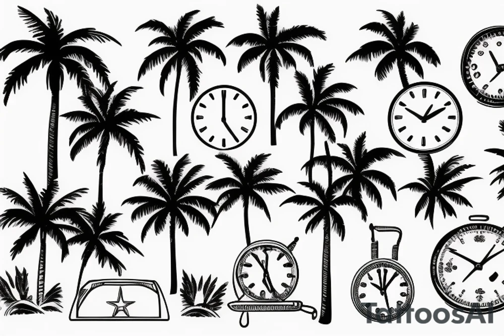 Palm trees, beach, sun, with clock tattoo idea