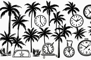 Palm trees, beach, sun, with clock tattoo idea