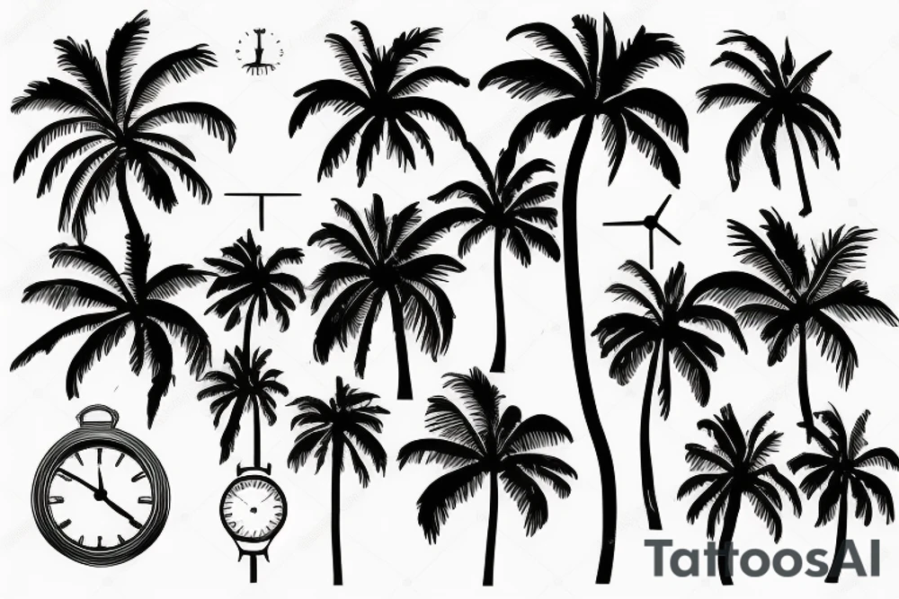 Palm trees, beach, sun, with clock tattoo idea