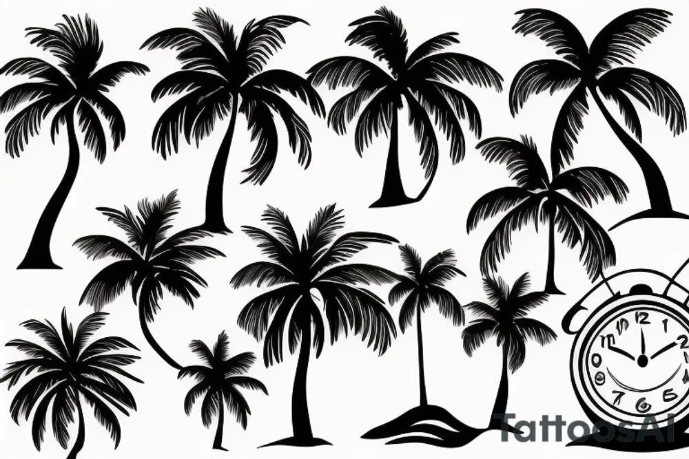 Palm trees, beach, sun, with clock tattoo idea