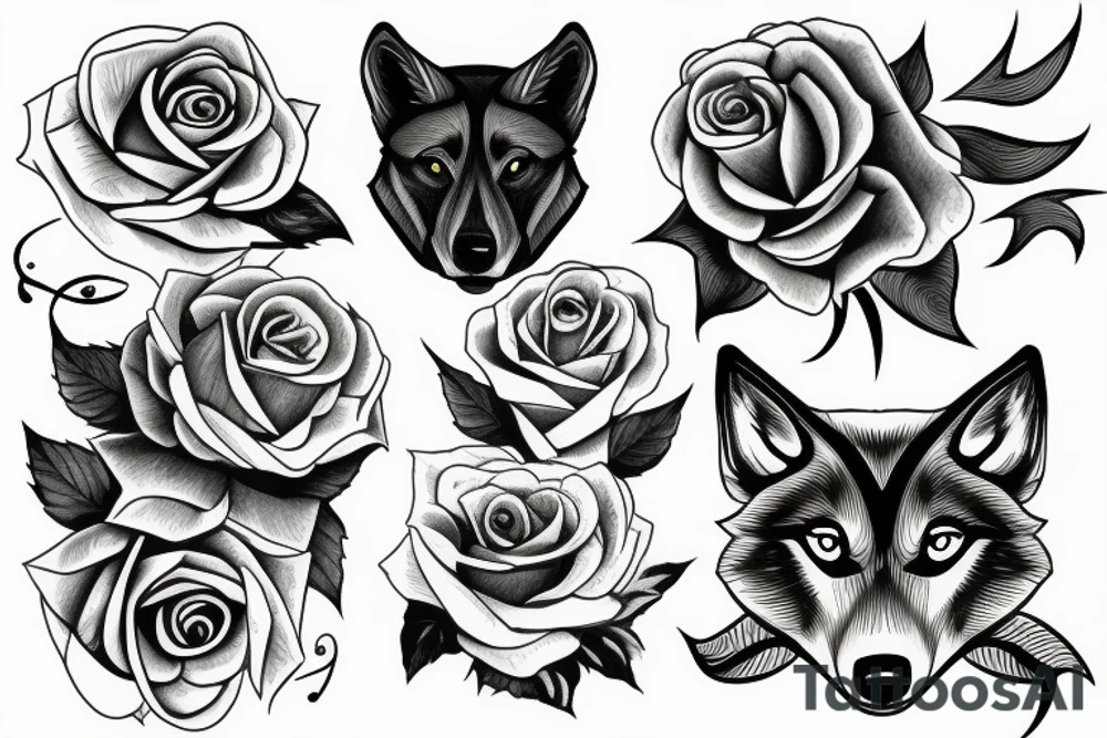 rose with wolf tattoo idea