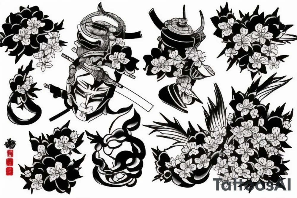 Japanese imagery, samurai, with cherry blossom pedals tattoo idea