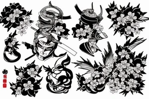 Japanese imagery, samurai, with cherry blossom pedals tattoo idea