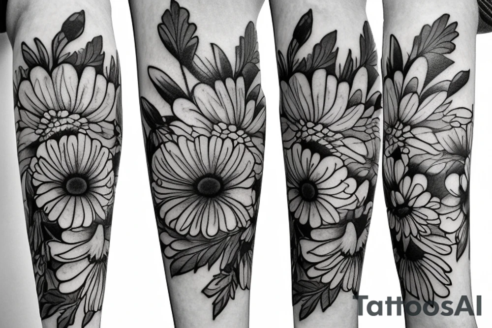 Larkspur and chrysanthemum bouquet tattoo idea