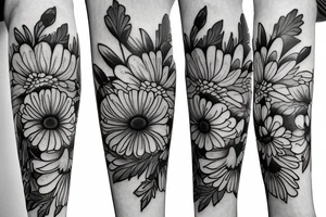 Larkspur and chrysanthemum bouquet tattoo idea