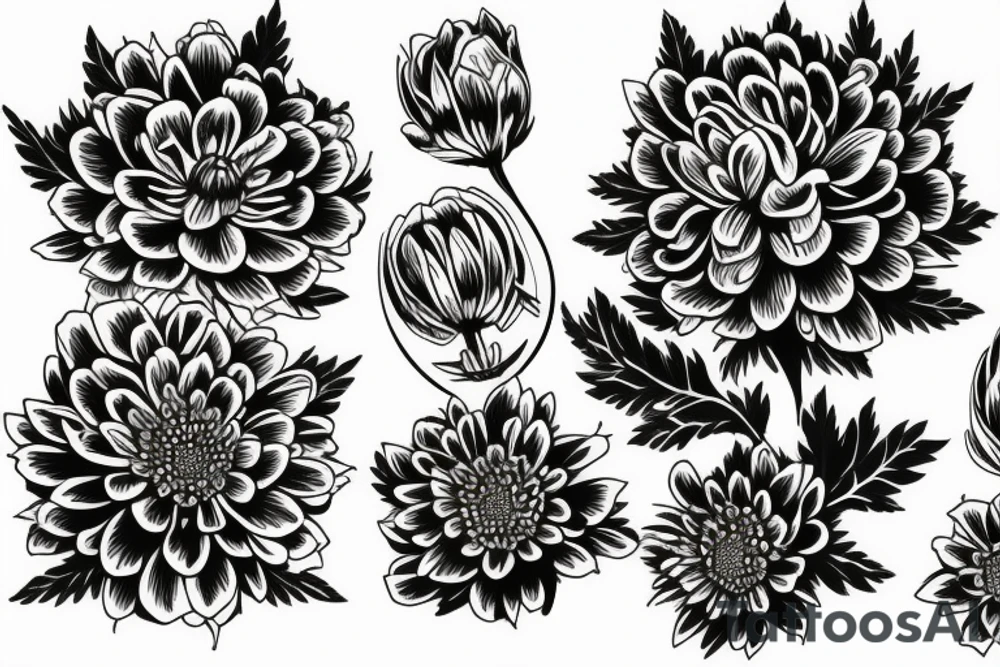 Larkspur and chrysanthemum bouquet tattoo idea