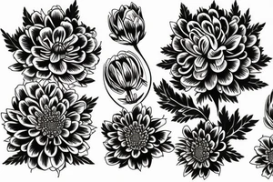 Larkspur and chrysanthemum bouquet tattoo idea