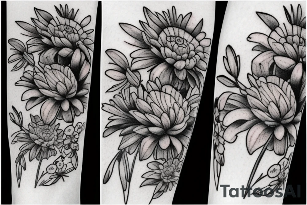 Larkspur and chrysanthemum bouquet tattoo idea