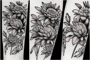 Larkspur and chrysanthemum bouquet tattoo idea