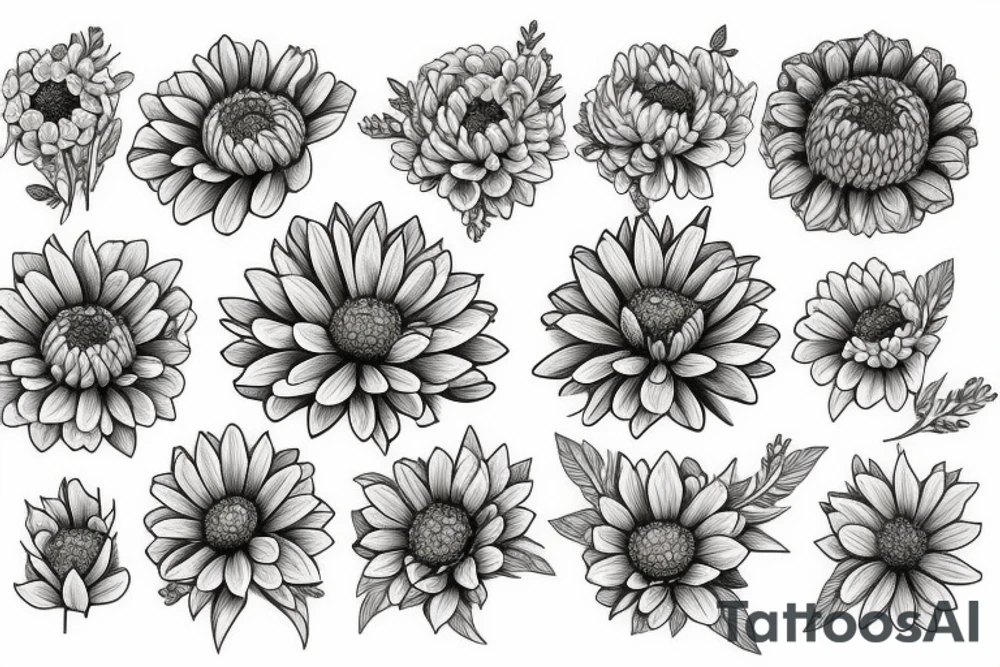 Larkspur and chrysanthemum bouquet tattoo idea