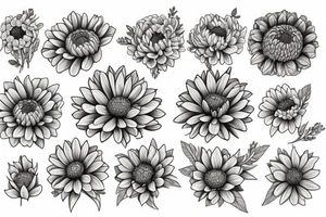 Larkspur and chrysanthemum bouquet tattoo idea