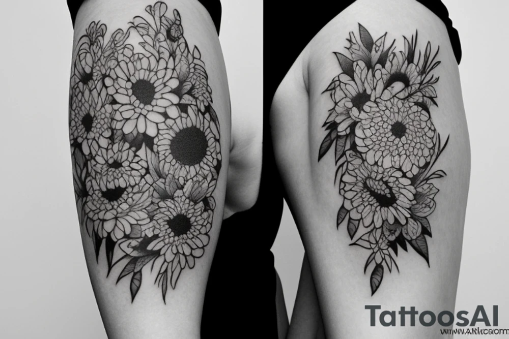 Larkspur and chrysanthemum flowers tattoo idea