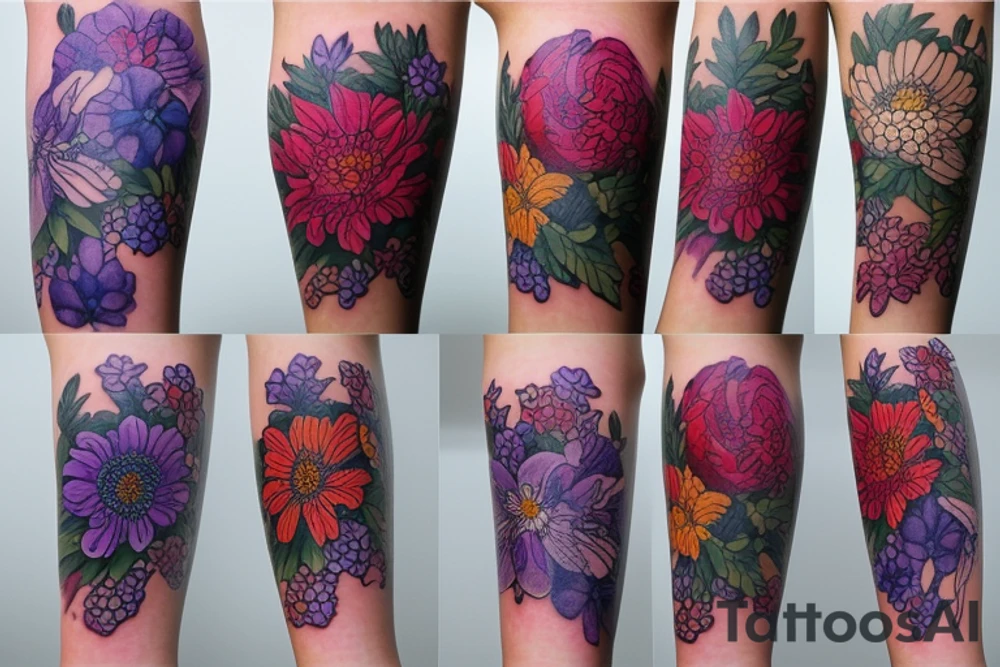 Larkspur and chrysanthemum flowers tattoo idea