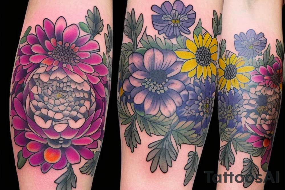 Larkspur and chrysanthemum tattoo idea