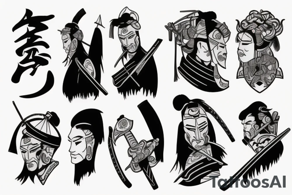 Samurai with sword in side view tattoo idea