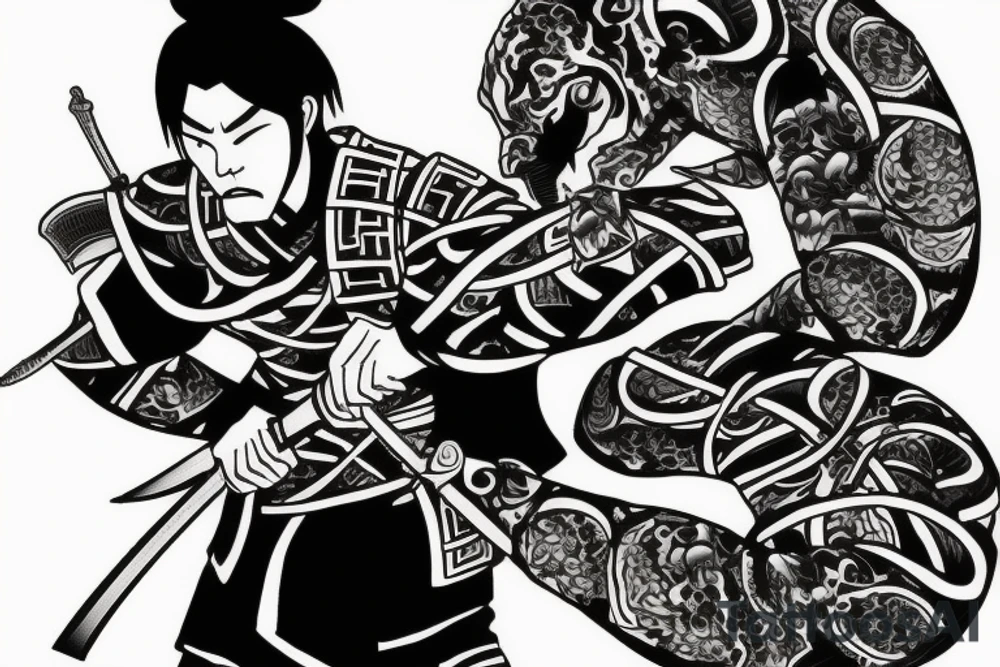 Realistic Samurai with sword fighting another samurai tattoo idea