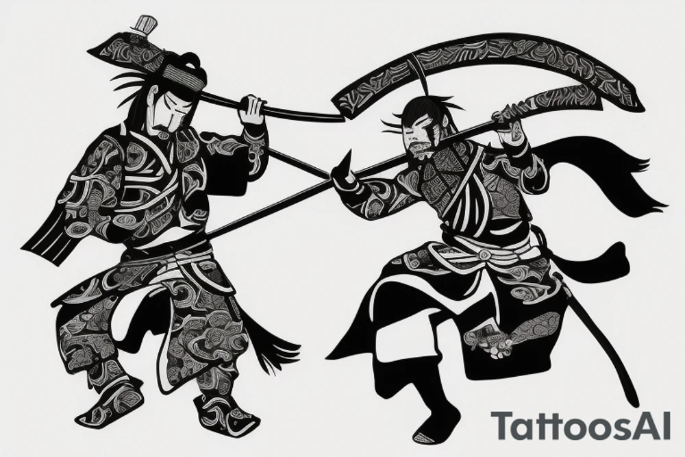 Realistic Samurai with sword fighting another samurai tattoo idea