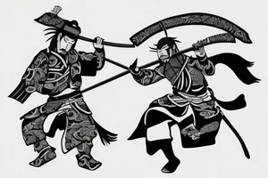 Realistic Samurai with sword fighting another samurai tattoo idea