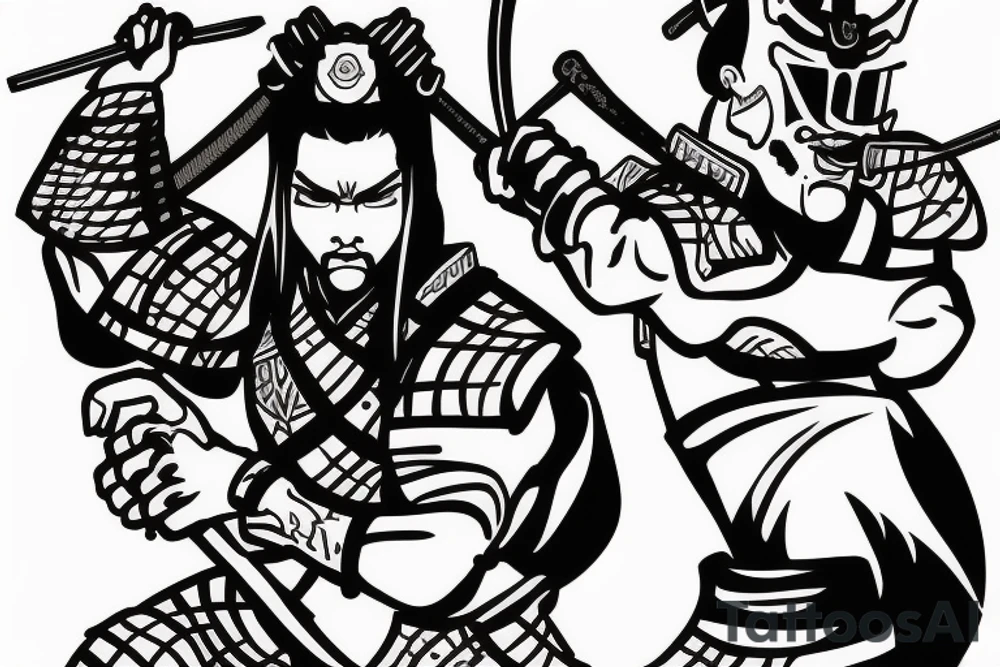 Realistic Samurai with sword fighting another samurai tattoo idea