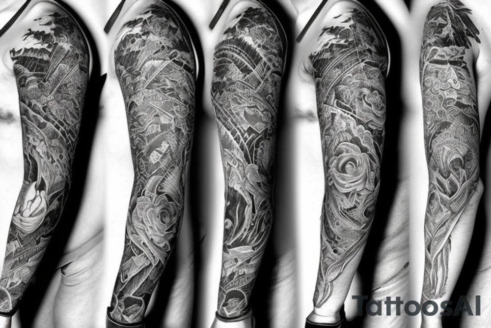 A sleeve with mountains at the top then going to a each with horses tattoo idea