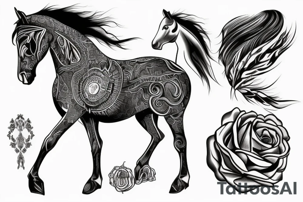 A sleeve with mountains at the top then going to a each with horses tattoo idea