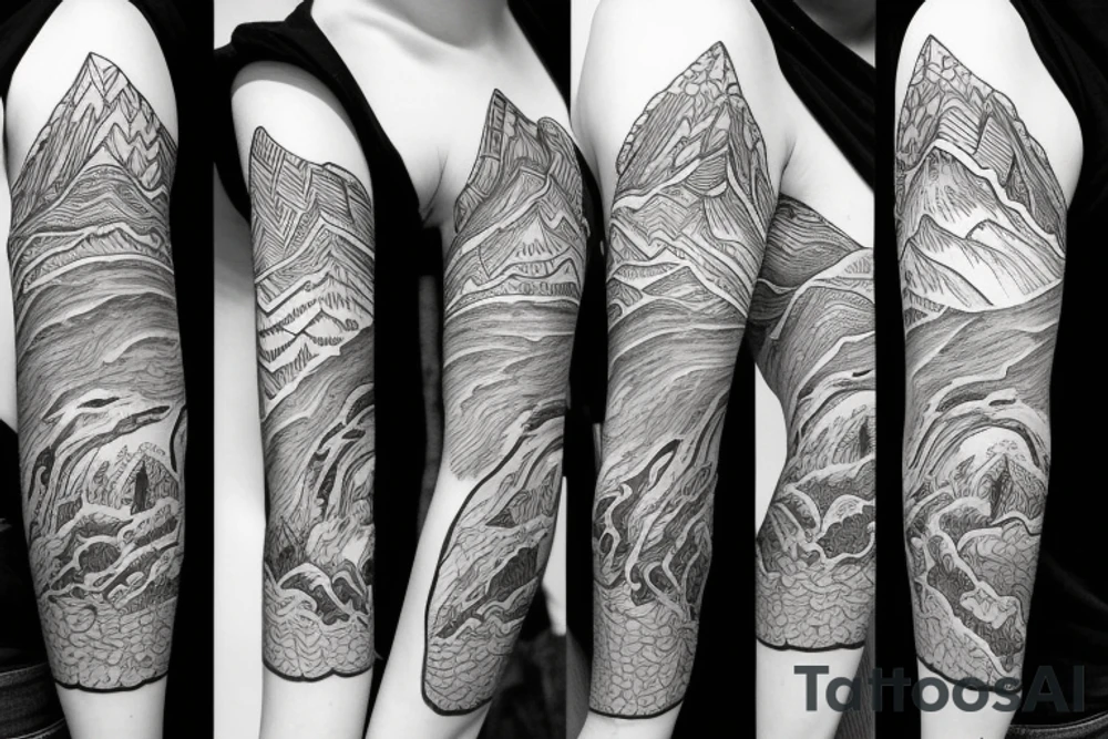 A sleeve with mountains and a ranch tattoo idea