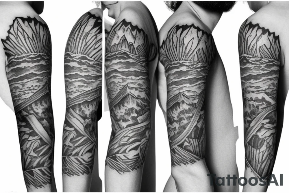 A sleeve with mountains and a ranch tattoo idea