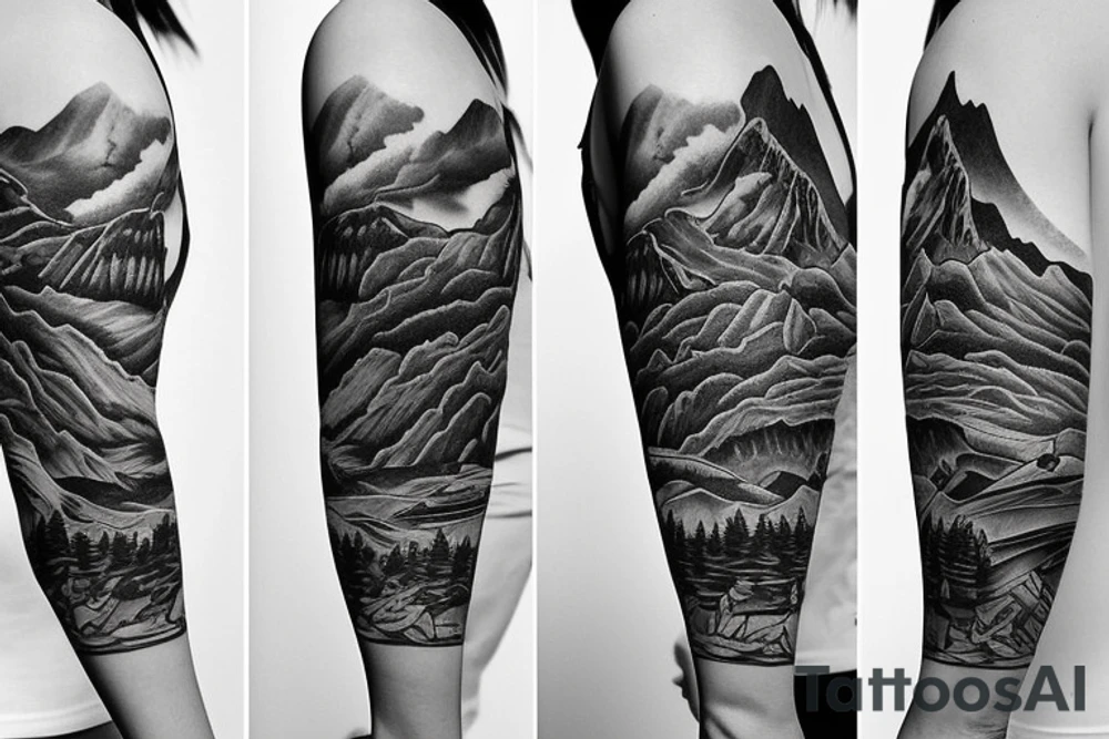 A sleeve with mountains and a ranch tattoo idea