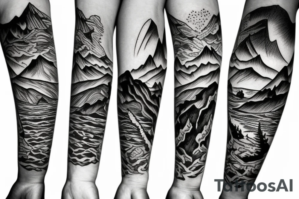 A sleeve with mountains and a ranch tattoo idea