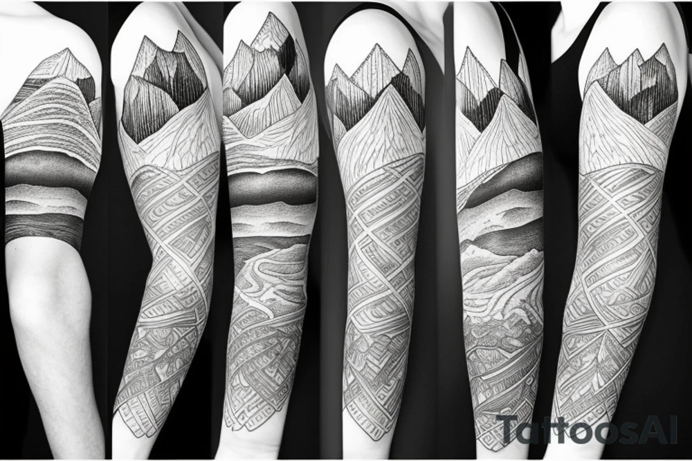 A sleeve with mountains and a ranch tattoo idea
