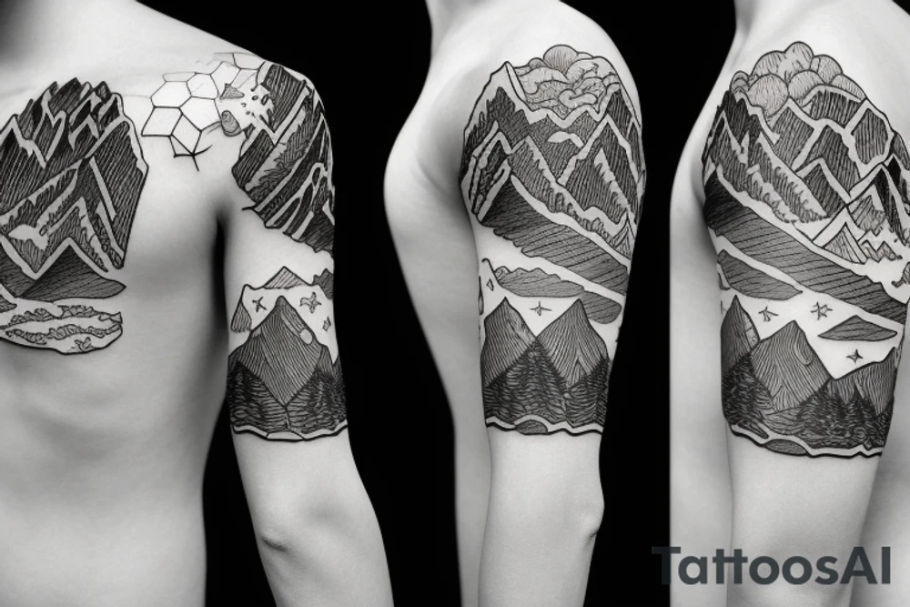 A sleeve with mountains and a ranch tattoo idea