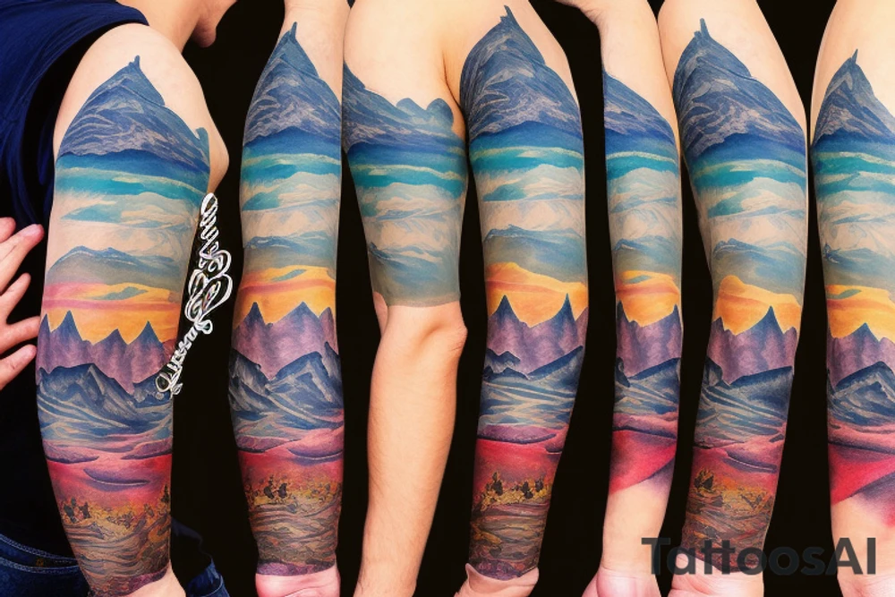 Mountain scape at the top horse ranch at bottom sleeve tattoo idea