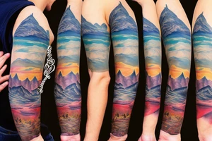 Mountain scape at the top horse ranch at bottom sleeve tattoo idea