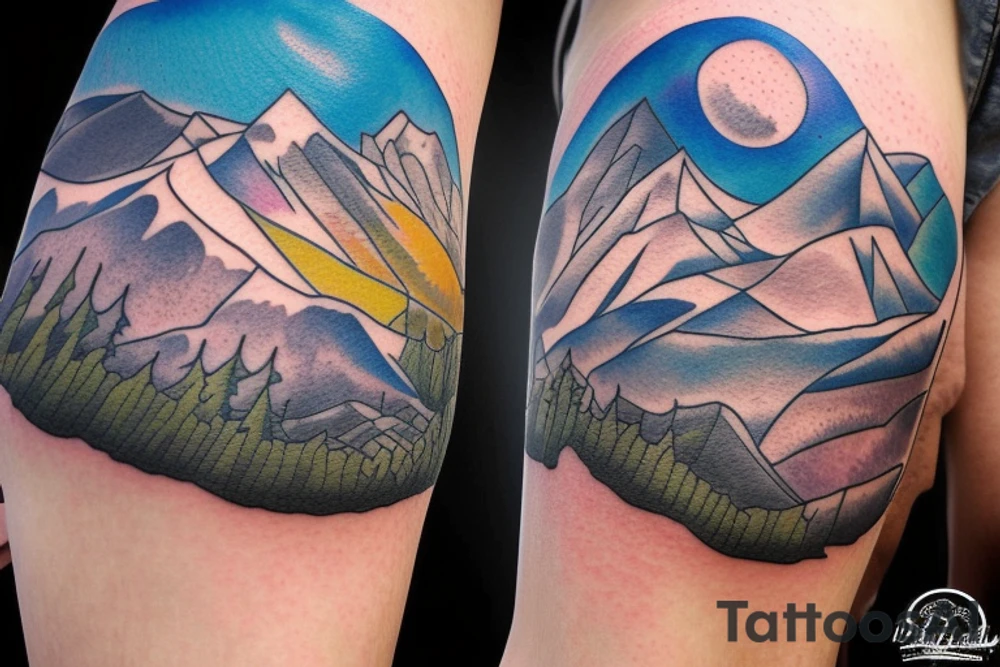 Mountain scape at the top horse ranch at bottom sleeve tattoo idea