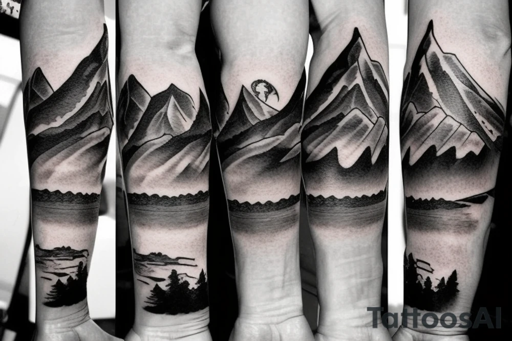 Mountain scape at the top horse ranch at bottom sleeve tattoo idea