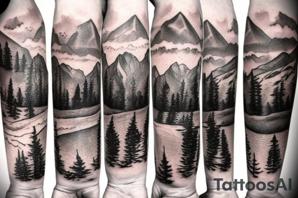Mountain scape at the top horse ranch at bottom sleeve tattoo idea