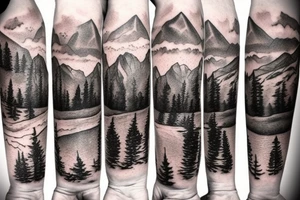 Mountain scape at the top horse ranch at bottom sleeve tattoo idea