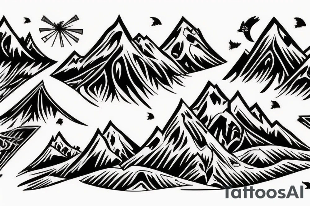 Mountain scape at the top horse ranch at bottom sleeve tattoo idea