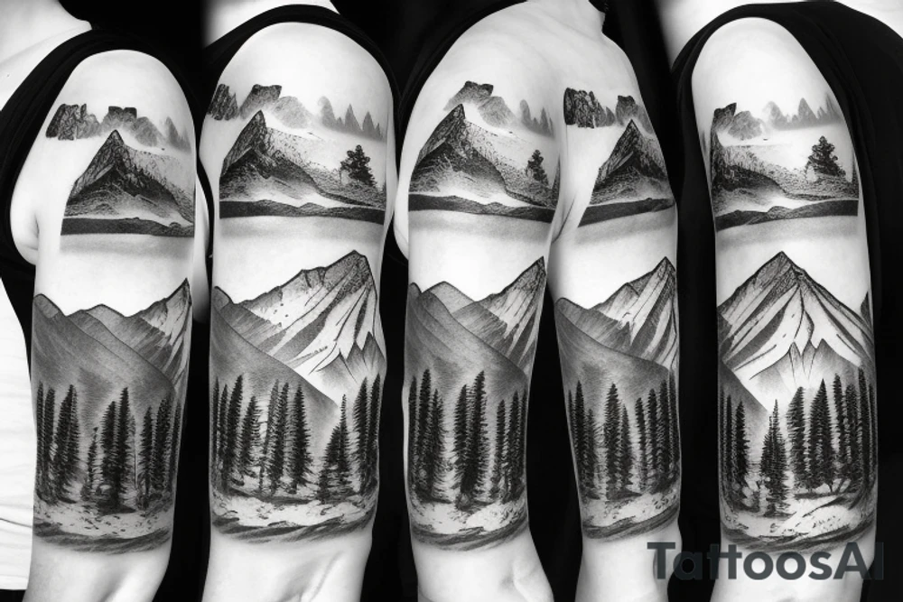Mountain scape at the top horse ranch at bottom sleeve tattoo idea