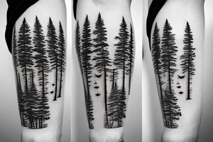 Pine forest and mountains tattoo idea