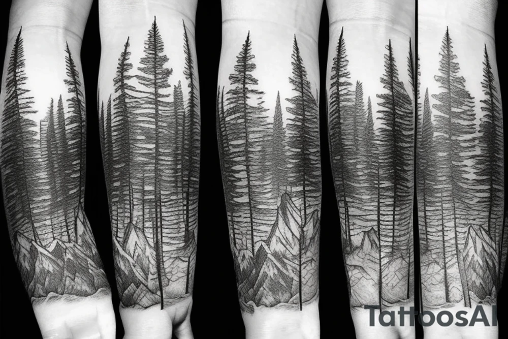 Pine forest and mountains tattoo idea