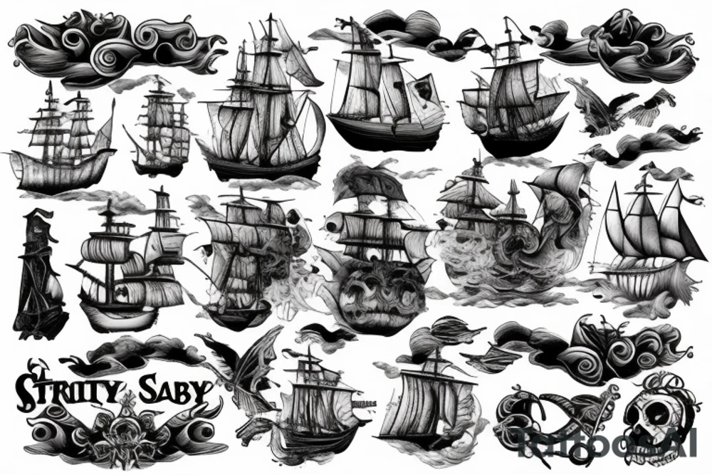 Stormy sea and old pirate ships tattoo idea