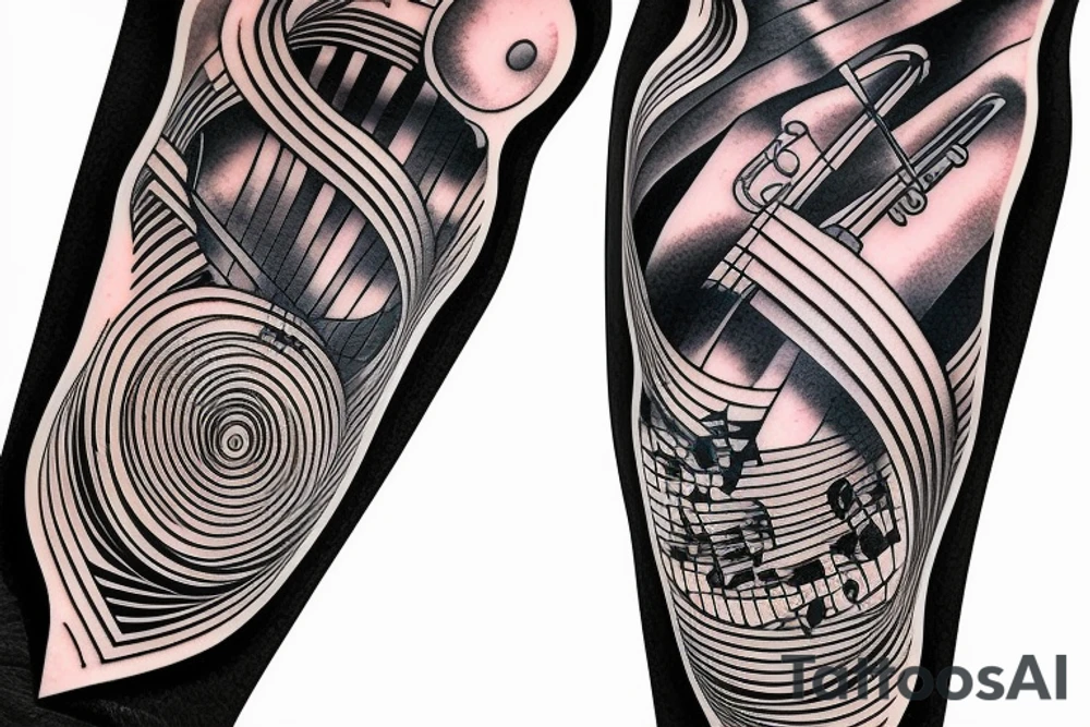 Grand piano, trumpet musical arm sleeve tattoo idea