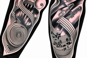 Grand piano, trumpet musical arm sleeve tattoo idea