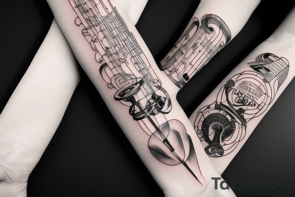 Grand piano, trumpet musical arm sleeve tattoo idea