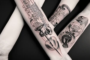 Grand piano, trumpet musical arm sleeve tattoo idea