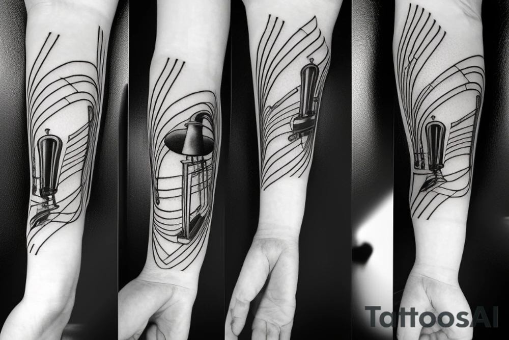 Grand piano, trumpet musical arm sleeve tattoo idea