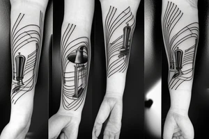 Grand piano, trumpet musical arm sleeve tattoo idea